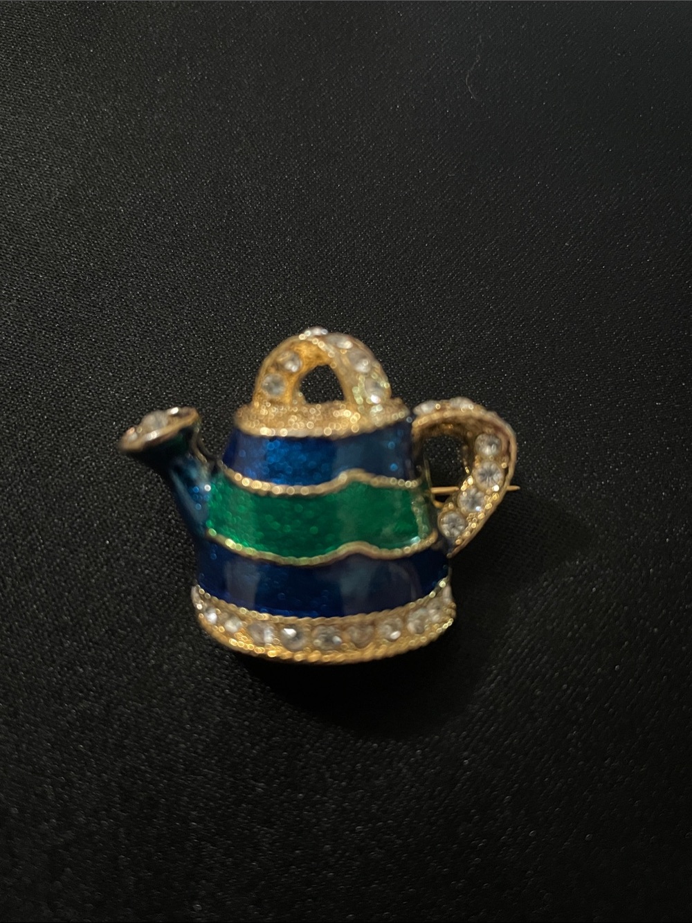 Source Unknown Blue and Green Striped Watering Can Brooch with Rhinestones